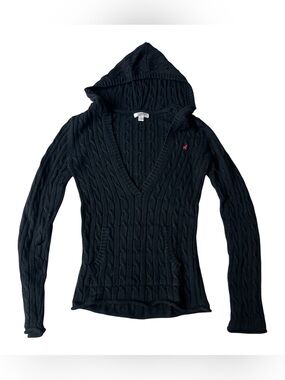 VINTAGE Y2K OLD NAVY HOODED CABLE KNIT SWEATER WOMENS MEDIUM BLACK